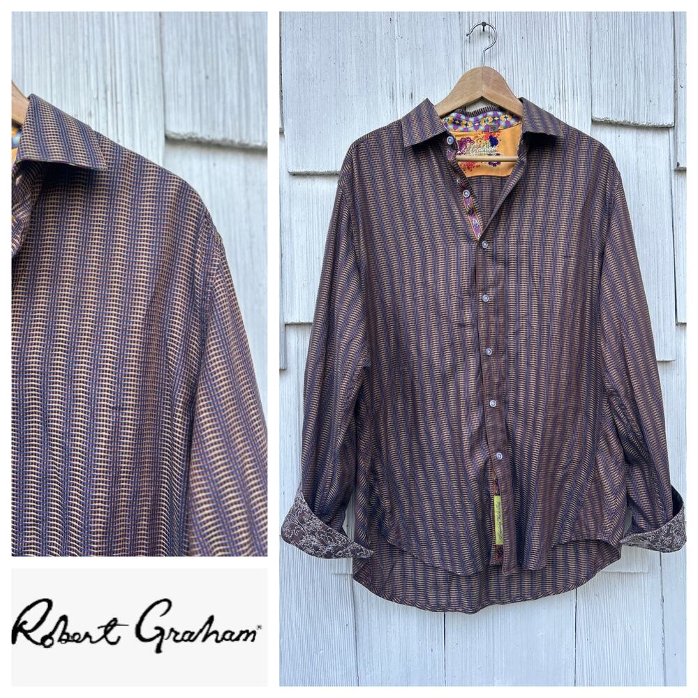Robert Graham Mens Embroidered Shirt Button-Down Silk Trim Long Sleeve Size L‎